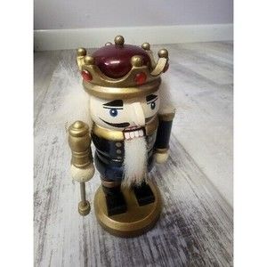King Nutcracker Christmas Wooden 5"  Jweled Crown Blue Red Scepter Gold